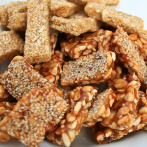 Peanut and Sesame coated with melted brown sugar